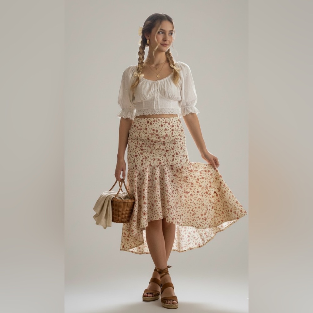 Coquette Balletcore Floral Midi Skirt Ruffle Asymmetric Hem Small